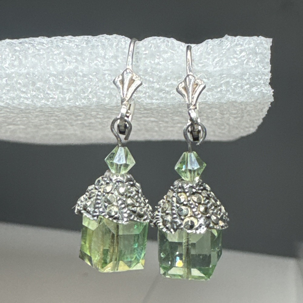 925 Sterling Silver Marcasite Acorn Green Crystal Cube Dangle Earrings Vintage